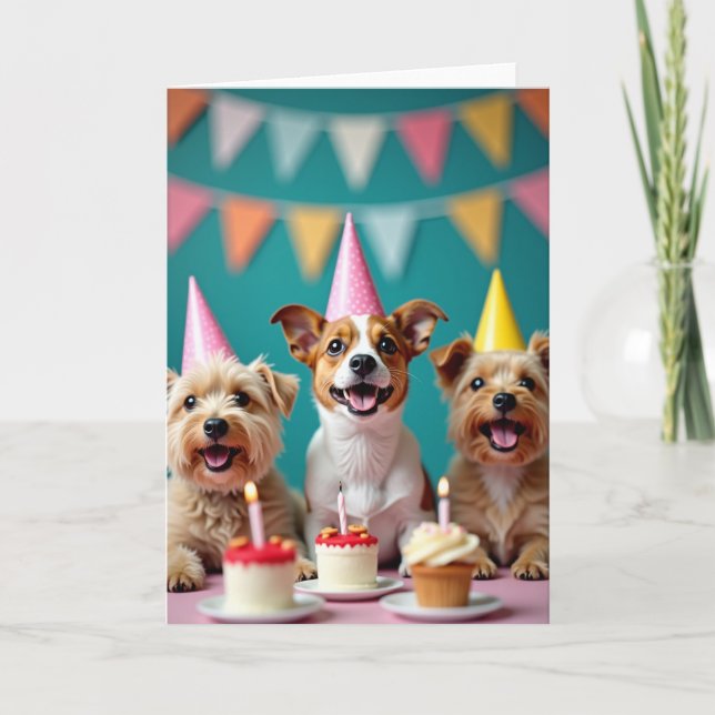 Joyful Pups Party Hat Card (Front)