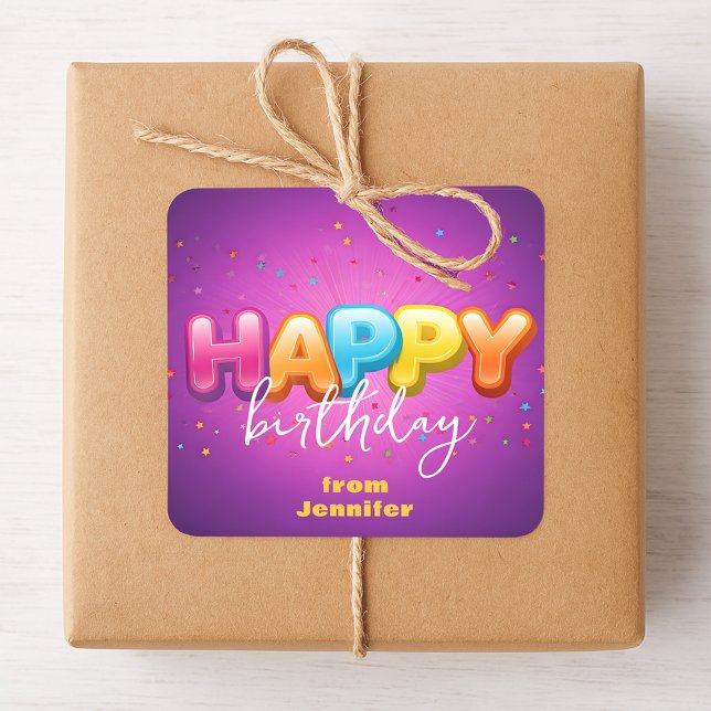 Joyful Purple Happy Birthday Confetti Celebration Square Sticker (Creator Uploaded)