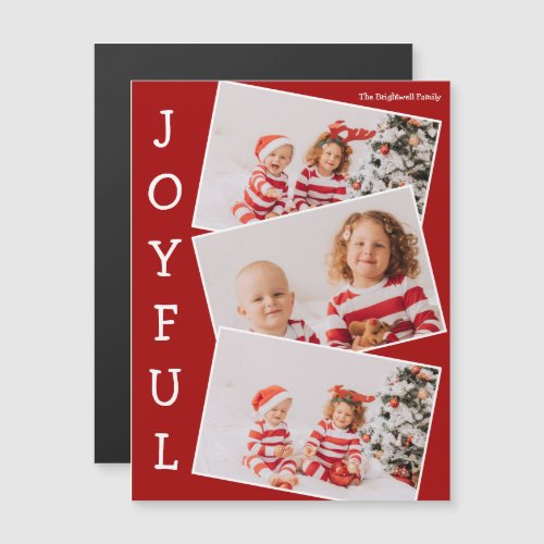 Joyful Red 3 Family Photo Christmas Magnet Card