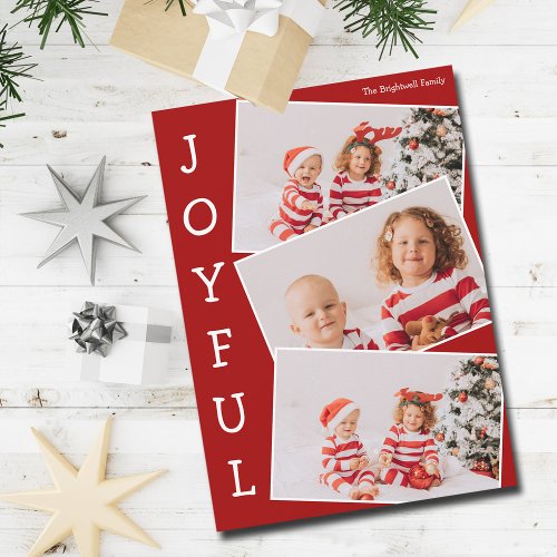 Joyful Red 3 Family Photo Collage Modern Christmas Holiday Card