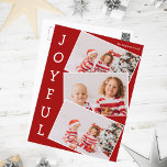 Joyful Red 3 Family Photo Collage Modern Christmas Holiday Postcard<br><div class="desc">Modern red Christmas photo collage postcard with 3 kids photographs in a fun overlapping snapshot pattern with white border and the word Joyful written vertically down the side. Find your three favorite pictures for these cute family holiday postcards.</div>