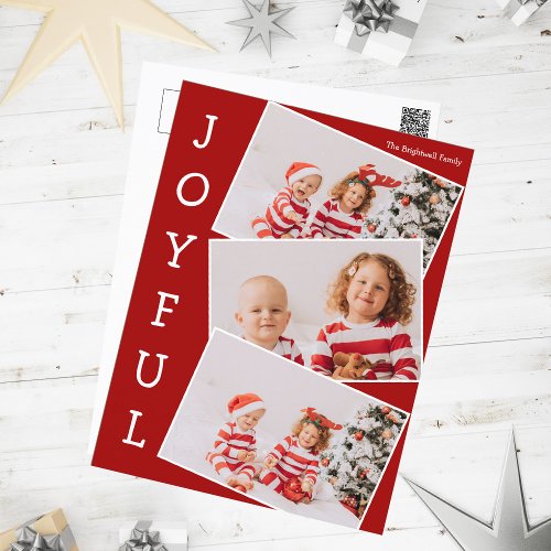 Joyful Red 3 Family Photo Collage Modern Christmas Holiday Postcard