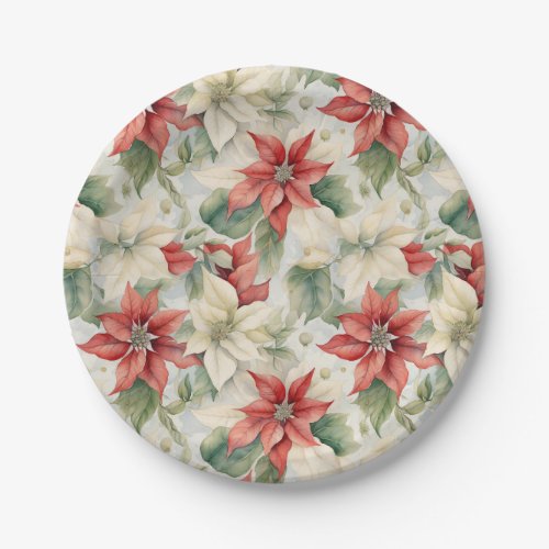 Joyful Red and Green Poinsettia Paper Plates