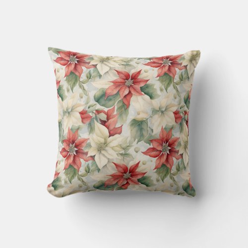 Joyful Red and Green Poinsettia Throw Pillow