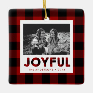 Joyful Red Buffalo Plaid Ceramic Ornament