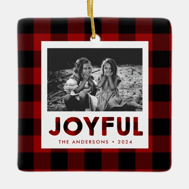 Joyful Red Buffalo Plaid Ceramic Ornament (Front)