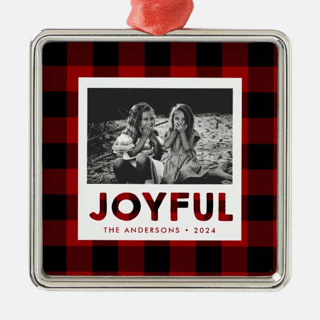 Joyful Red Buffalo Plaid Photo Christmas Ornament (Front)