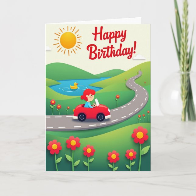 Joyful Red Car Birthday Card (Front)