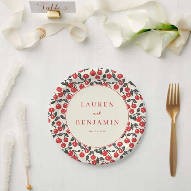 Joyful Red Cherry Illustration Paper Plates (Wedding)