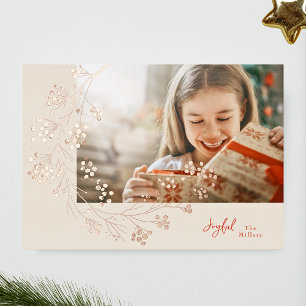 JOYFUL Red & Cream Photo Rose Gold Foil Holiday Card