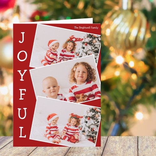 Joyful Red Family Photo Collage Classic Christmas Holiday Card