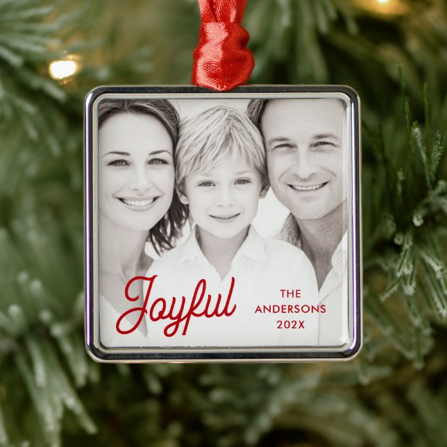 Joyful red festive retro font name year photo metal ornament (Tree)
