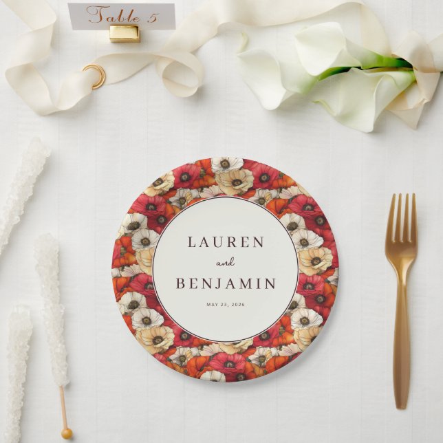 Joyful Red Floral Poppies Paper Plates (Wedding)