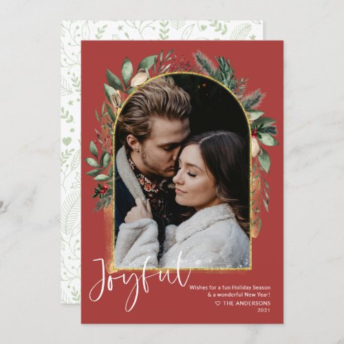 JOYFUL Red Greenery Gold Arch  Snow Overlay Photo Holiday Card