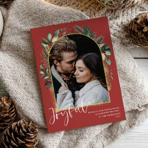 JOYFUL Red Greenery Gold Arch & Snow Overlay Photo Holiday Card