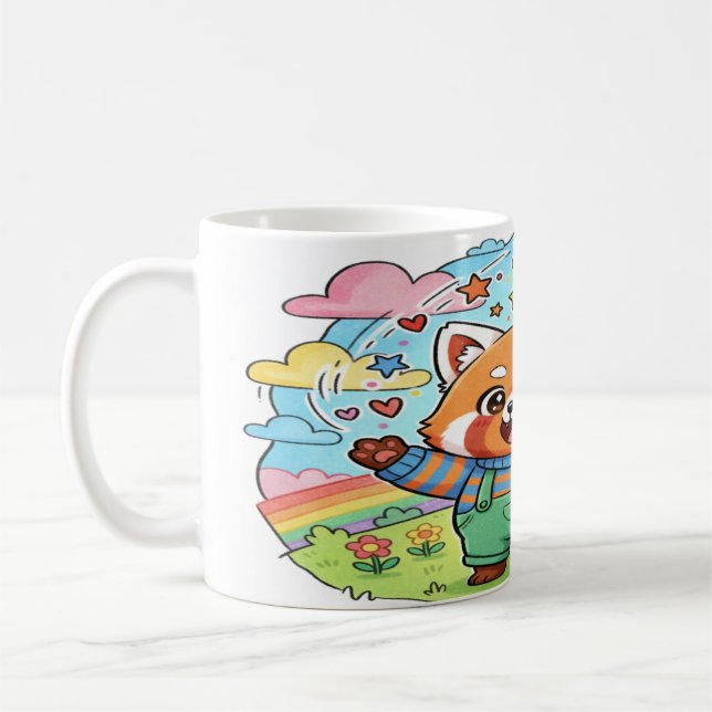 Joyful Red Panda Music & Rainbow Mug - Cute Animal (Left)