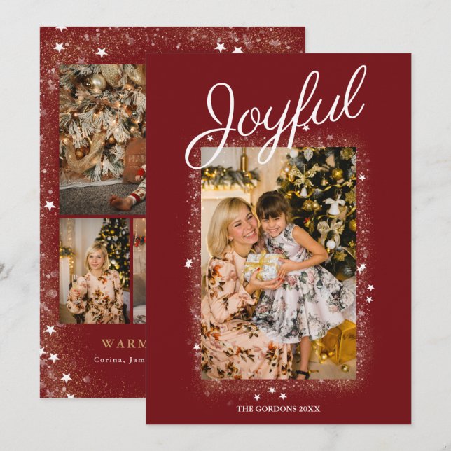 Joyful Red Photo Collage Gold Stars Dust  Holiday  (Front/Back)
