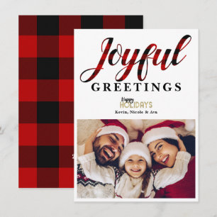 JOYFUL Red Plaid Holiday Greetings Photo Card