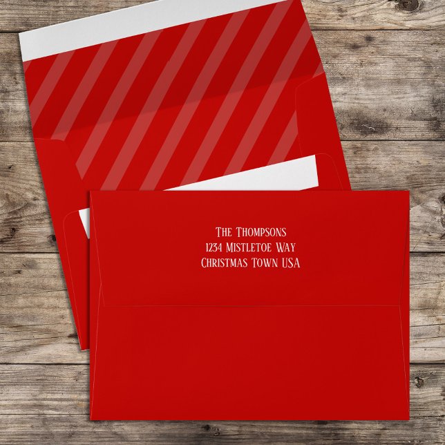 Joyful Red Striped Calligraphy Script 5x7 Envelope (Christmas holiday red striped pattern envelope with return address on the back flap.)