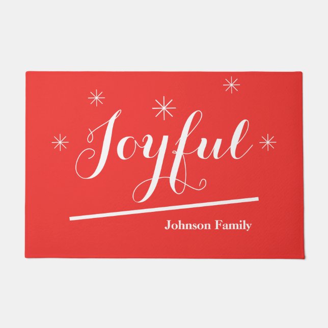 "Joyful" Red & White Personalized Name Happy Fun Doormat (Front)