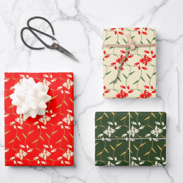 Joyful Regal Floral Bright Red, Green, Ivory Wrapping Paper Sheets (Front)
