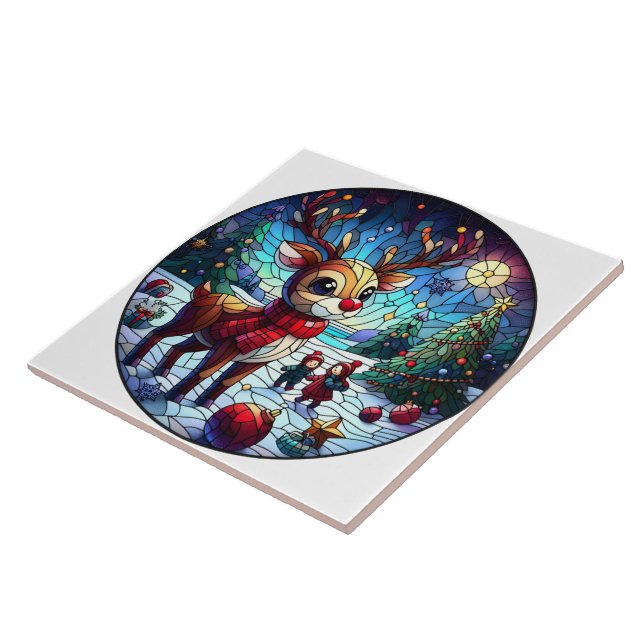 Joyful reindeer in winter wonderland with friends ceramic tile (Side)