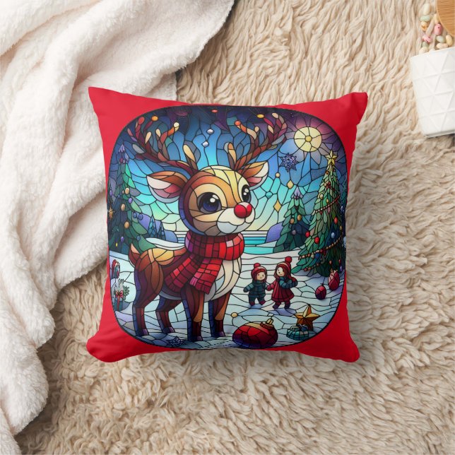 Joyful reindeer in winter wonderland with friends throw pillow (Blanket)