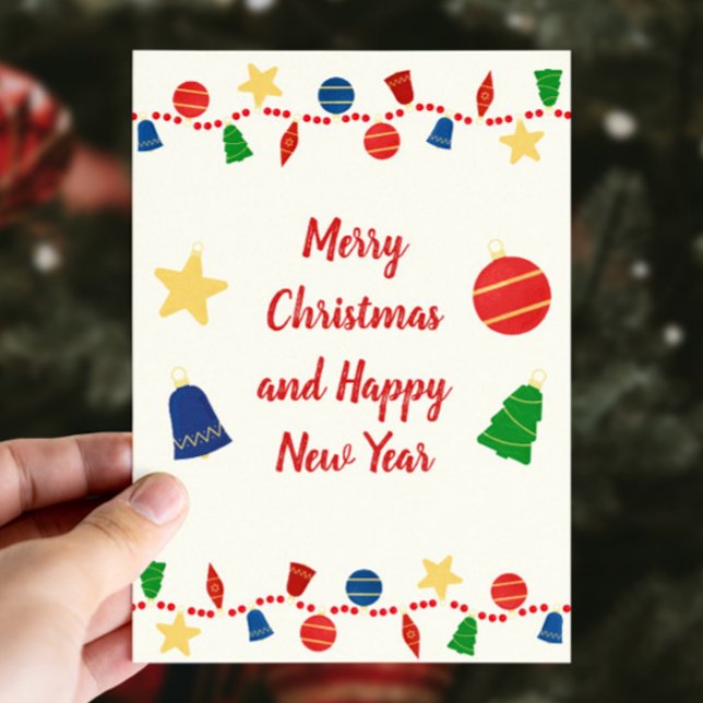 Joyful retro Christmas ornaments Holiday Card (Cute retro custom Christmas card with vintage Christmas ornaments and red beaded garland)