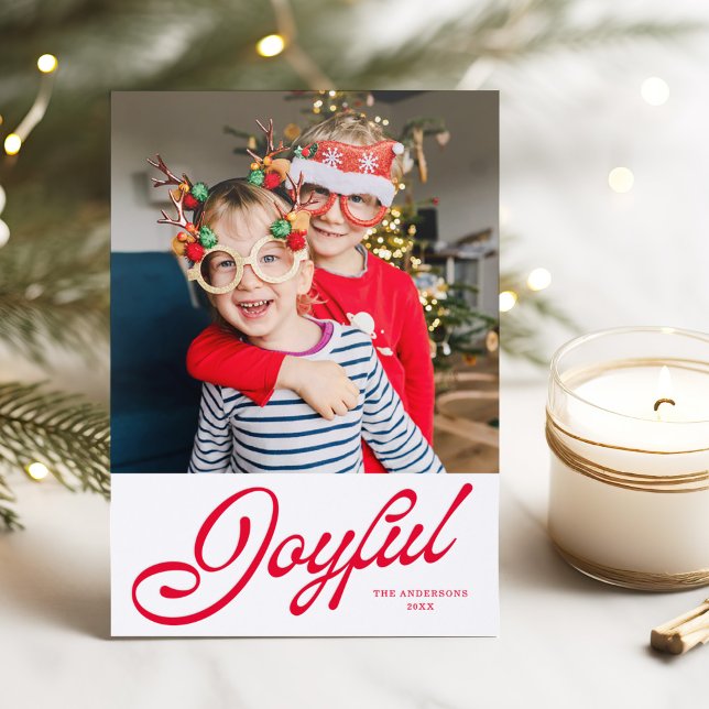 Joyful Retro Script Photo Christmas Holiday  Letterpress Photo Cards (Creator Uploaded)