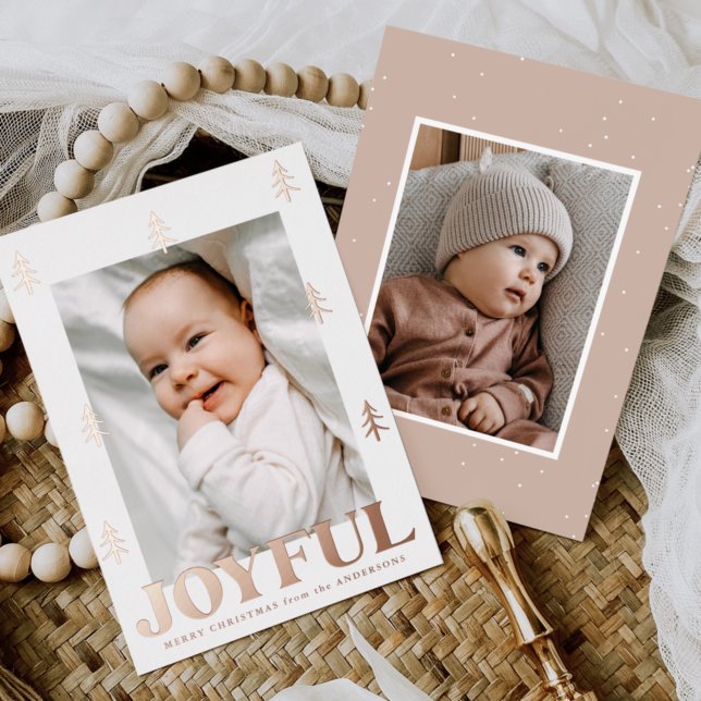 Joyful Rose Gold Trees 2 Photo Foil Holiday Card (Creator Uploaded)