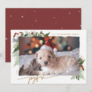 JOYFUL Rustic Greenery Gold Dry Brush Effect Photo Holiday Card