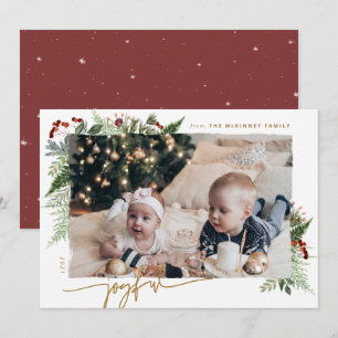 JOYFUL Rustic Greenery Gold Dry Brush Effect Photo Holiday Card