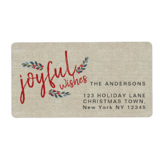 Joyful Rustic Linen Red Hand Lettered Christmas Label