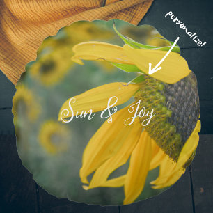 Joyful rustic sunflower round pillow