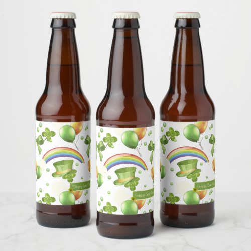 Joyful Saint Patricks Day Watercolor Pattern Beer Bottle Label
