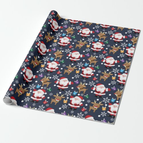 Joyful Santa And Reindeer Pattern Wrapping Paper