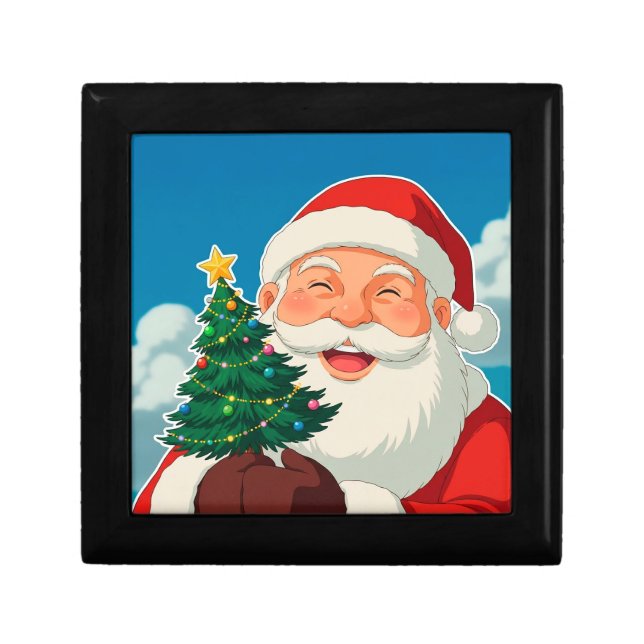 🎅 Joyful Santa Holding Christmas Tree Festive Gift Box (Front)