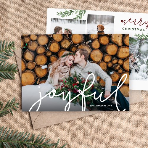 Joyful Script and Branches 5 Photo Flat Holiday Card