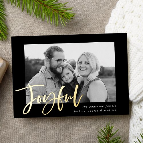 Joyful Script Black Photo Foil Holiday Card