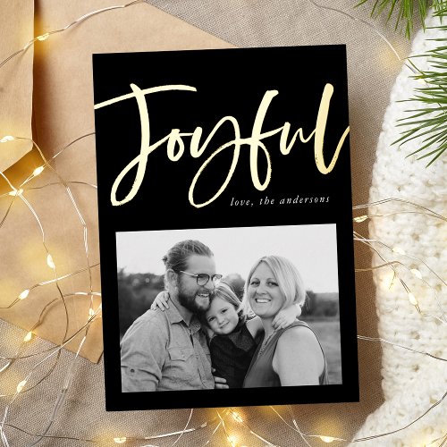 Joyful Script Black Photo Foil Holiday Card