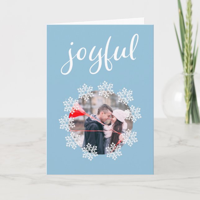 Joyful Script Blue Snowflake Frame Photo Holiday Card (Front)