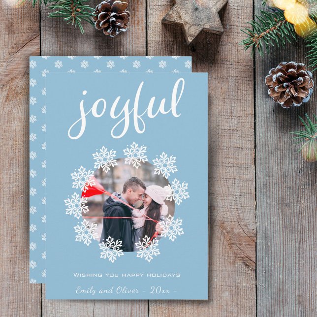 Joyful Script Blue Snowflake Frame Photo Holiday Card (Creator Uploaded)