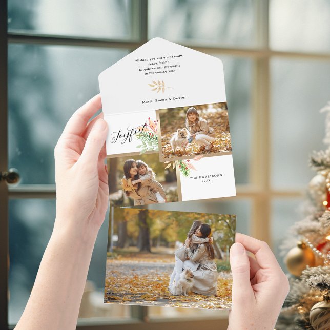 Joyful Script Botanical 2-Photo w/Gold Frame All In One Invitation (Creator Uploaded)