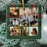 Joyful script family photo collage plaid Christmas Ceramic Ornament<br><div class="desc">Elegant stylish red forest green plaid tartan with faux gold joyful script keepsake tree ornament personalized with six family photos and name.</div>