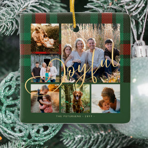 Joyful script family photo collage plaid Christmas Ceramic Ornament