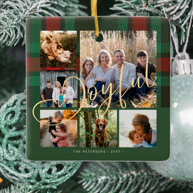 Joyful script family photo collage plaid Christmas Ceramic Ornament (Creator Uploaded)