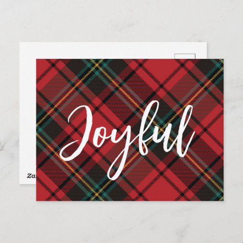 Joyful Script Festive Red Tartan Plaid Non_Photo Holiday Postcard