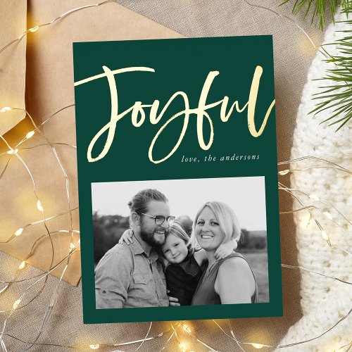 Joyful Script Green Photo Foil Holiday Card