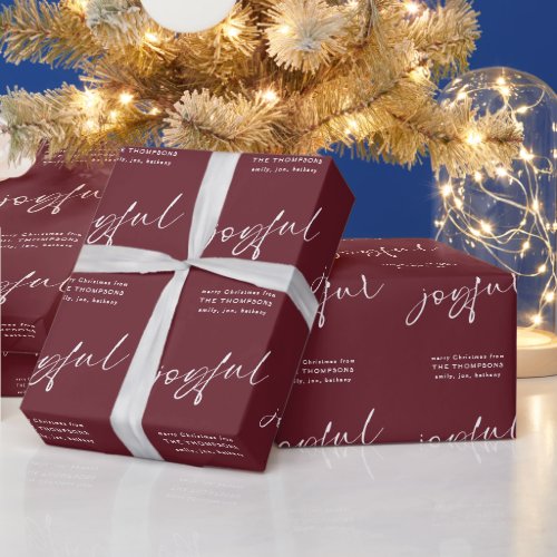 Joyful Script Merry Christmas Name Burgundy Wrapping Paper