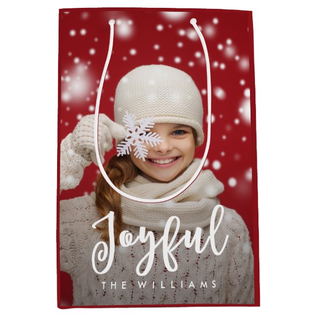 Joyful Script Modern Christmas | Holiday Photo Medium Gift Bag (Front)